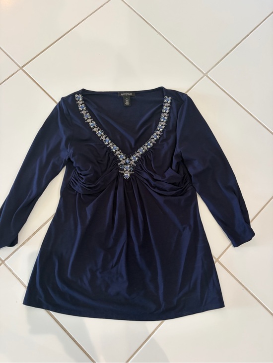 White House Black Market Tops - White House Black Market Navy V‑Neck Embellished Long‑Sleeve Tunic